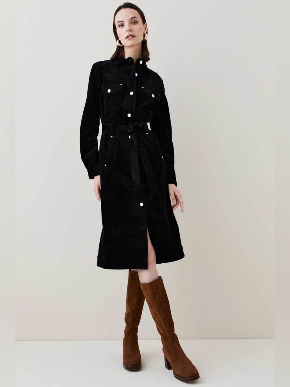 KAREN MILLEN Black Cord Belted Button-Front Midi Dress